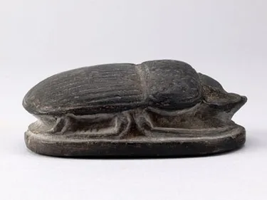 black stone heart scarab: head, clypeus, prothorax decorated with incised dots, notched and striated elytra, feathered legs. Base incised with 6 lines of hieroglyphs.