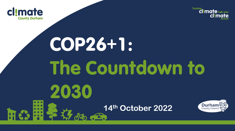 COP26+1: 2030年倒计时, 写在蓝色背景的图标，包括一辆电动汽车, 自行车和回收标志