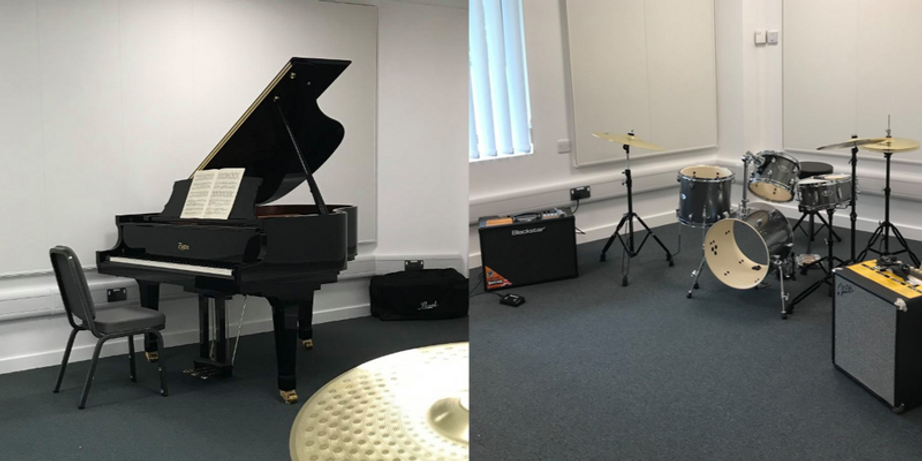 our music room is fitted with a drum kit, an upright piano and