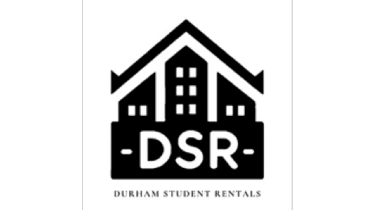 The logo for Durham Student Rentals, showing an outline of a house above their initials and name