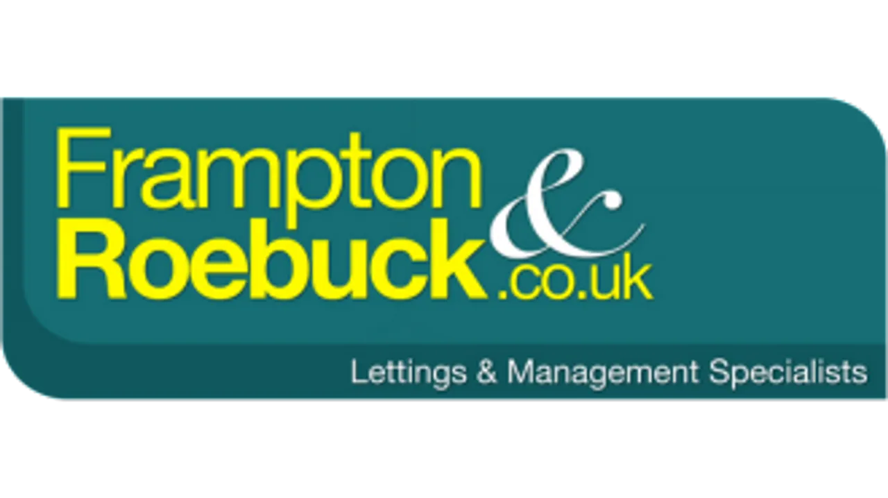 The logo for Frampton and Roebuck estate agents, with their name in yellow on a pine green background