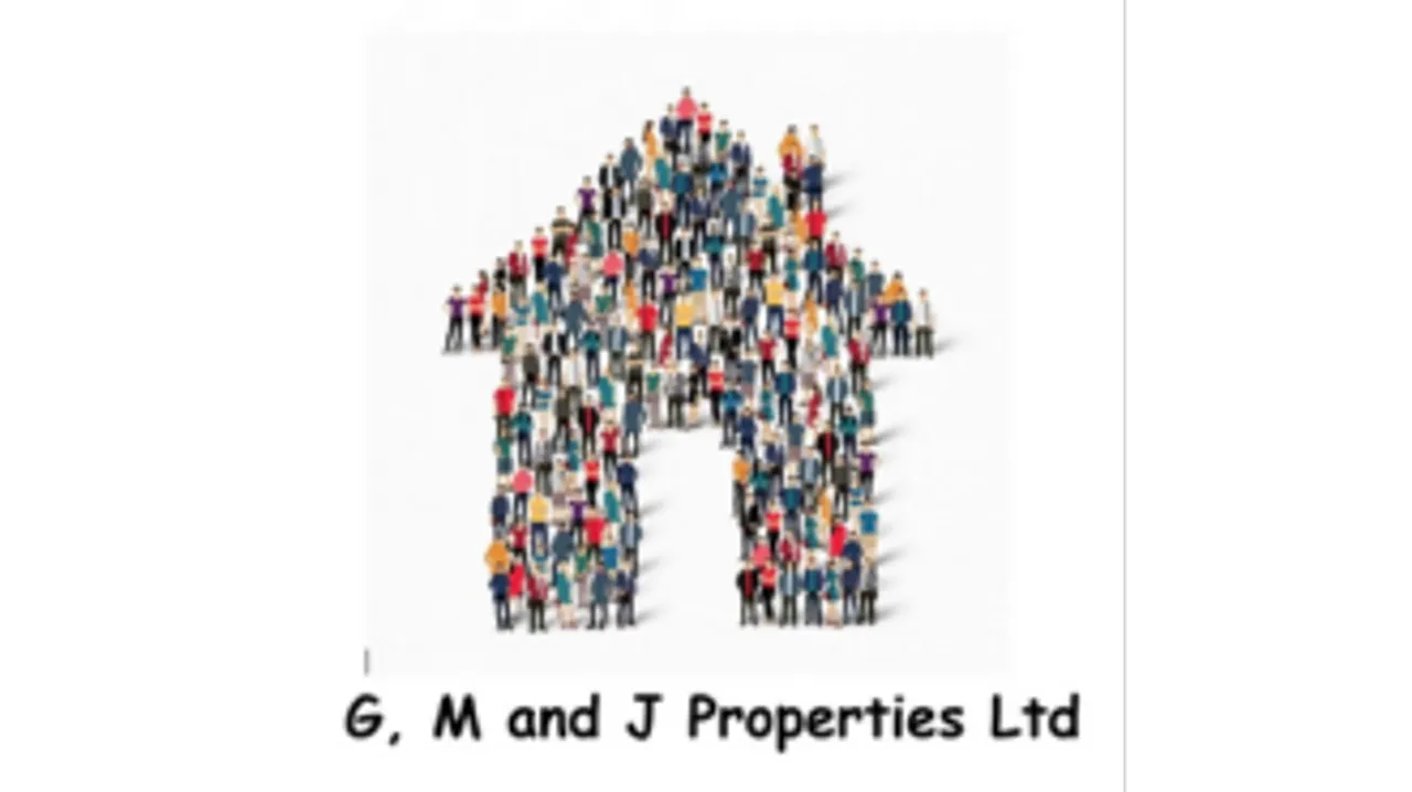 The logo for G, M and J Properties estate agents, with an outline of a house made up of a variety of people.