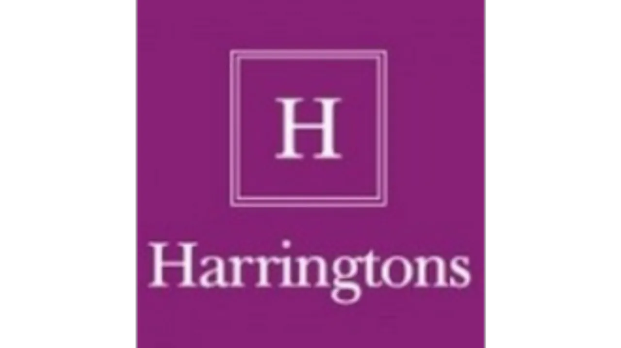 The logo for Harringtons estate agents, with a H in a white box on a purple background and their name below.