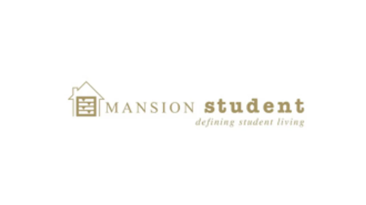 The logo for Mansion Student, a student lettings company - it shows their name and an outline of a house in gold on a white background.