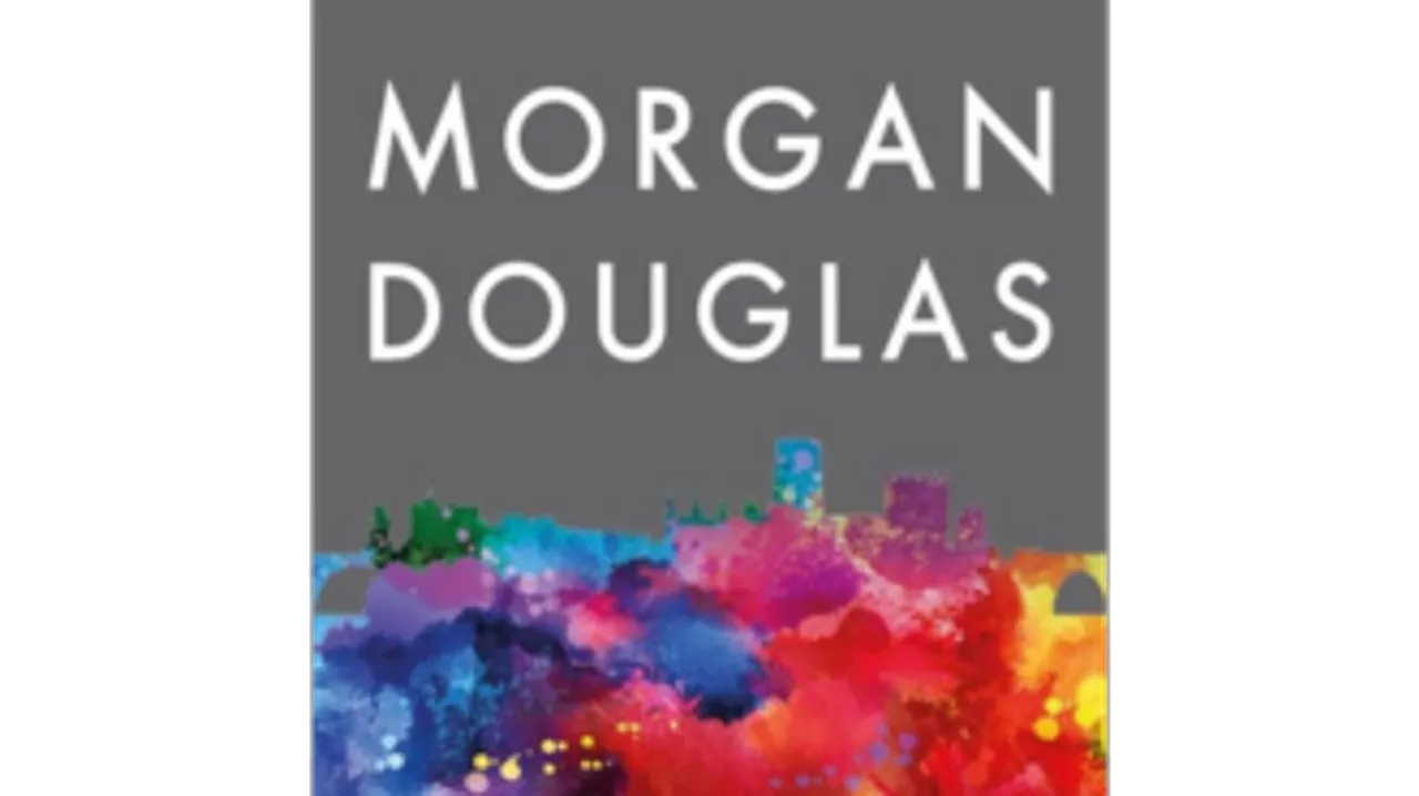 The logo for Morgan Douglas student lettings, with their name against a grey background and a multicoloured depiction of the Durham skyline