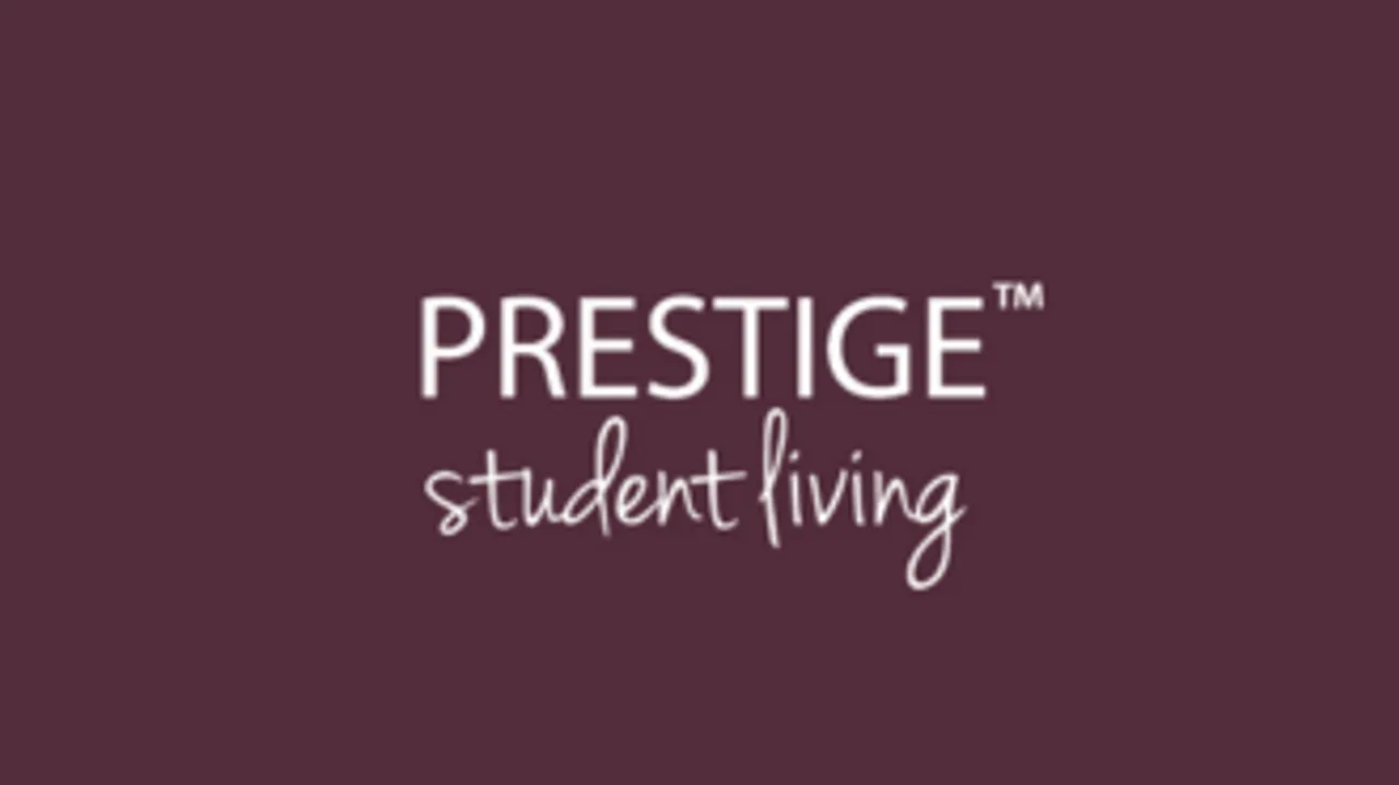 The logo for Prestige Student Living, with their name against a burgundy background