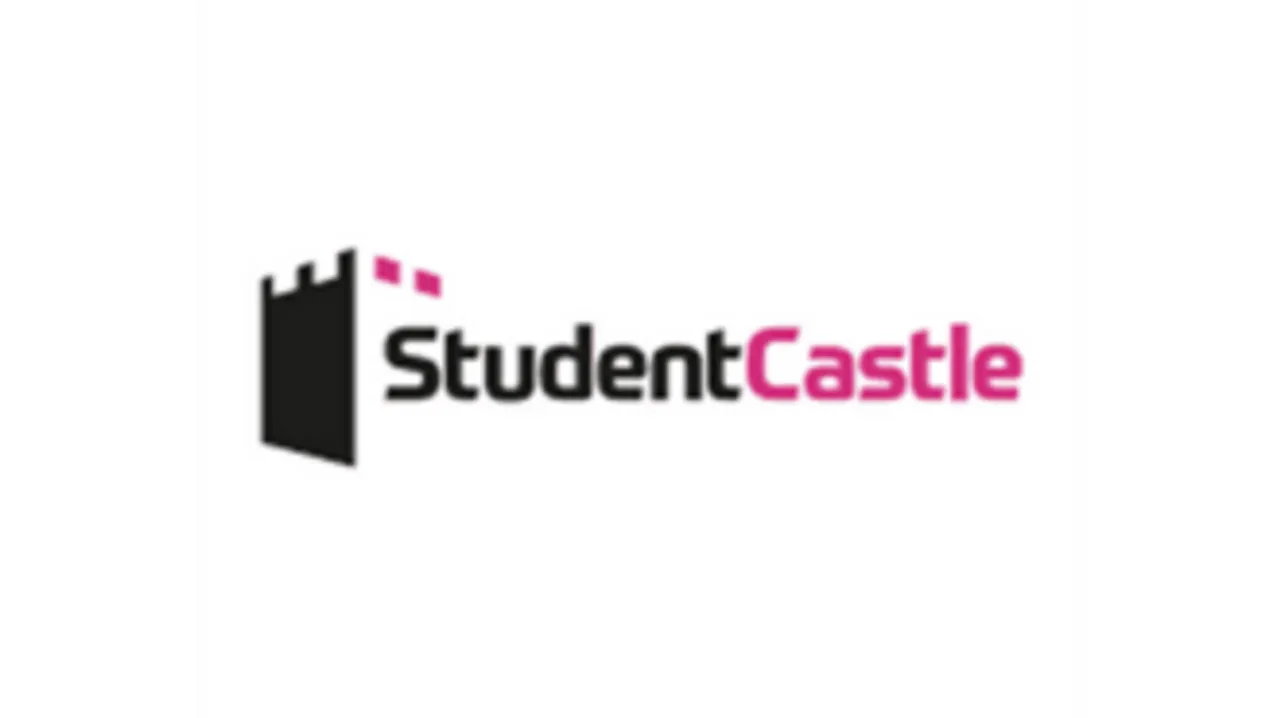 The logo for Student Castle student accommodation, with their name in black and pink next to the outline of a castle tower.