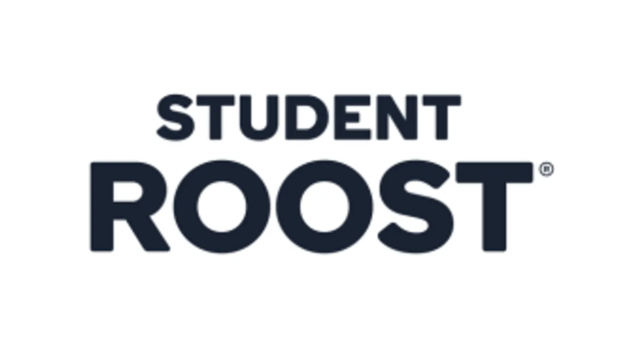 The logo for Student Roost student accommodation, with their name in black against a white background