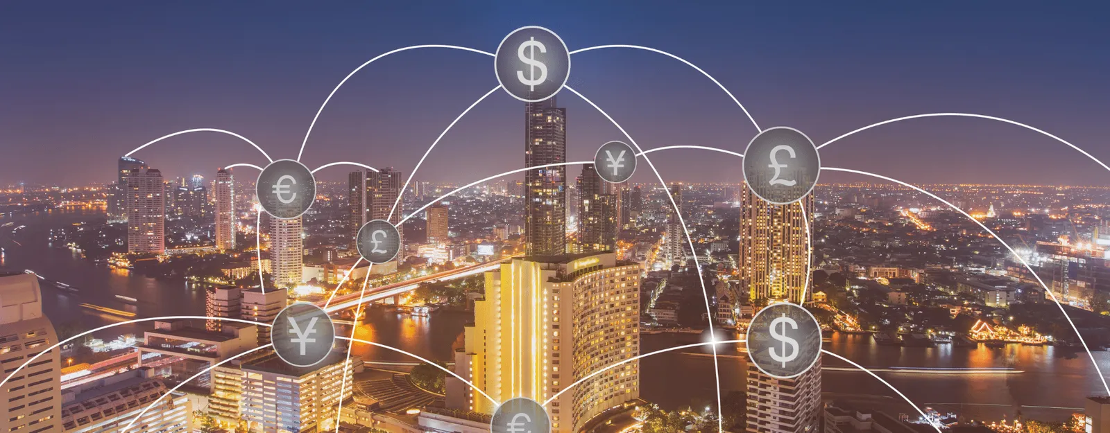 City Scape with various currency icons