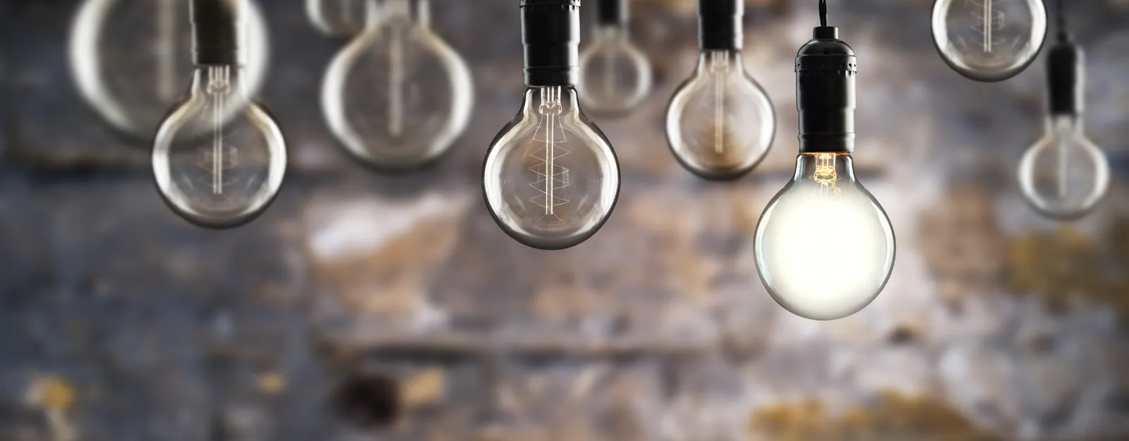 Hanging light bulbs with the front bulb illuminated