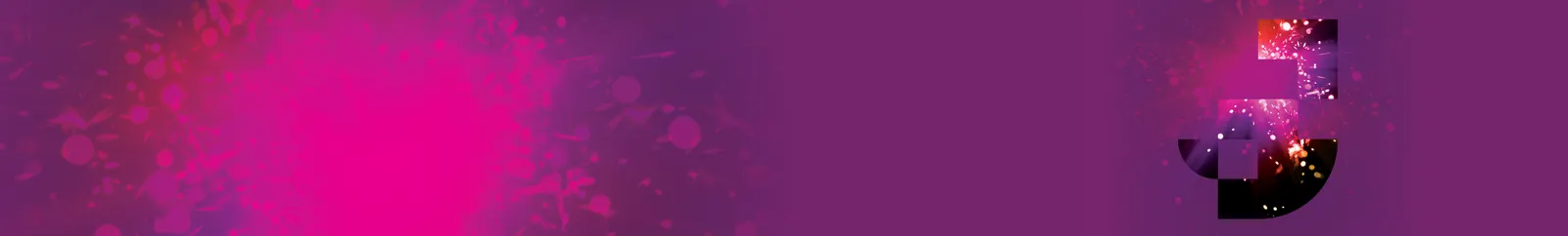 A burst of pink fading out to a purple background with a stylised DU tapestry element