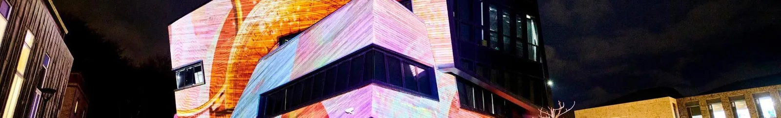 The Ogden Centre lit up for Lumiere