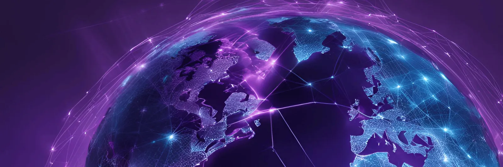 A purple illustration of the planet with virtual connections
