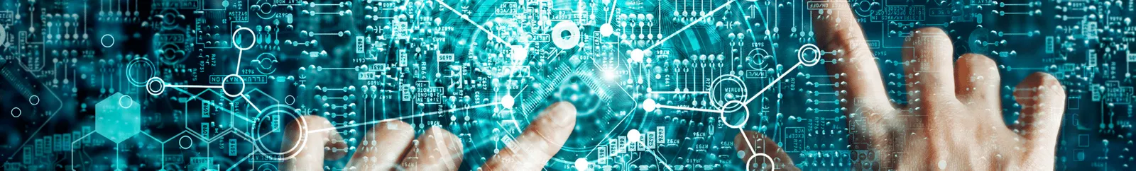 A digital illustration of data with two hands touching screen