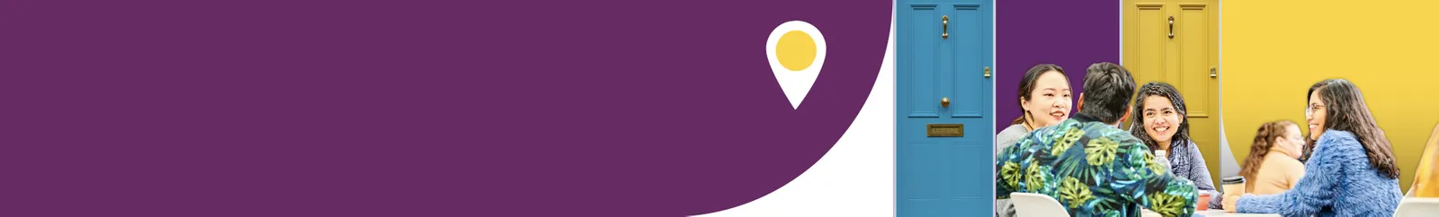 Housing Hub banner with an image of students chatting in front of two house doors