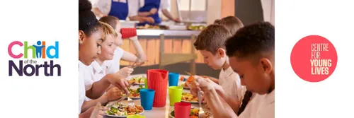 Photograph of school children with school dinners