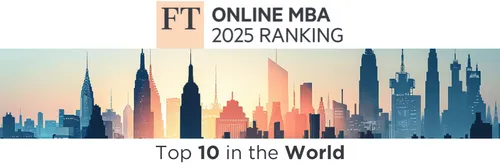 city skyline at dusk with Financial Times Online MBA 2025 ranking logo above it