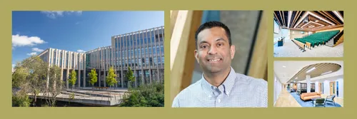yellow background with collection of images of Kieran Fernandes and the Business School's Waterside building