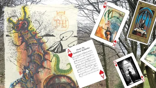 Image of playing cards moving between trees from Alice Dali AR: A Rabbit Hole Awaits