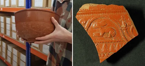 A student holding a piece of pottery included in the Roman exhibition at Durham University's Museum of Archaeology