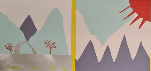 Colourful paper collage of a mountain scene