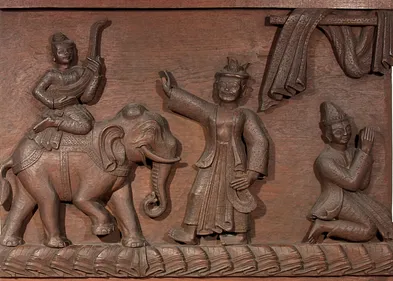 A wooden carving of a scene from the Ramayana