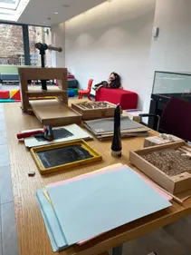 Set up for a book beetle printing workshop