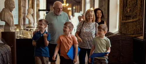 A family walking through an exhibition