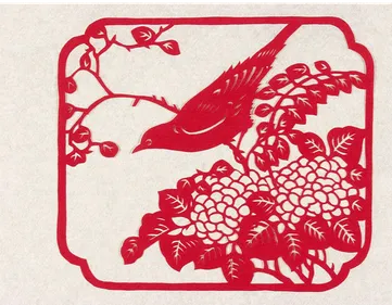 his page is executed on red rice paper. The picture is presented in a rectangular frame with rounded corners. In the frame, a bird is standing on hortensia branches. Made for export.