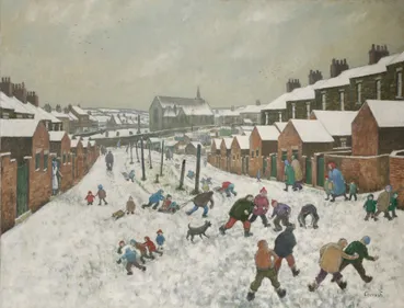 Norman Cornish painting showing a group of people on a County Durham street playing in the snow