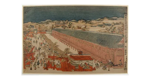 19th century book print of the Japanese woodblock print 'Perspective picture of the Hall of 33 bays, Fukagawa in Edo' (Ukie on edo fukagawa sanjūsan gendō no zu) by Utagawa Toyoharu, originally printed 1767-1773. The title of the print is shown on the right hand edge. The Hall of 33 bays, Sanjūsangendō, a Buddhist temple housing 1001 statues of the Buddhist goddess Kannon