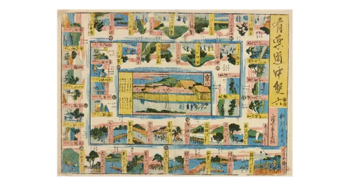 Colour woodblock-printed board game, entitled Yurakudo sugoroku: Japan, 19th century. The images are reproductions of the Tokaido series prints by Hiroshige.