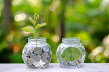 Coins in two jars and plant growing out of one jar