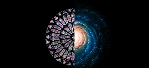 Split image of a stained glass window to the left, and a galaxy to the right