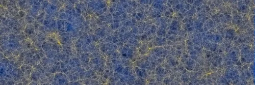 A supercomputer simulation of the Universe showing the cosmic web structure in yellow against a blue background