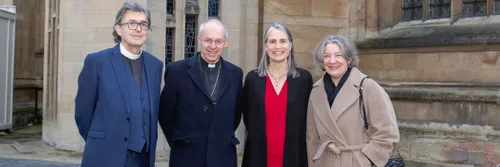 Four people standing outside an old building. They are Hueston Finlay, Justin Welby, Fiona Hill and Karen O'Brien