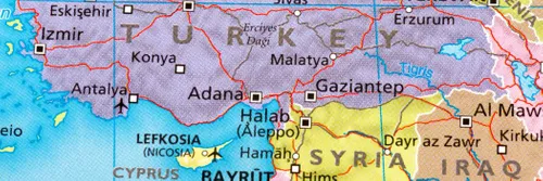 A map showing Turkey and Syria
