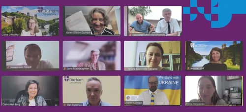 A collective of Durham University members and Zaporizhzhia National University members on a Zoom call