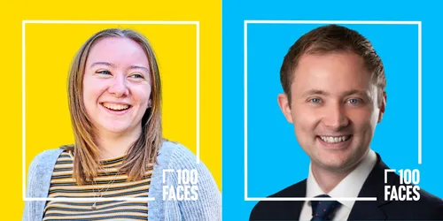 Head and shoulders image of ֱ student Abbie Doherty and ֱ alumnus Cameron Stocks with UUK's 100 Faces campaign border
