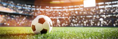 A black and white football on the grass in a stadium.