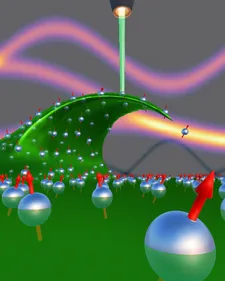 Artistic impression of a magnon spin wave generated and detected by electron microscopy
