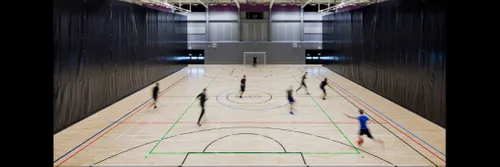 Zoomed out, blurred image of indoor football match
