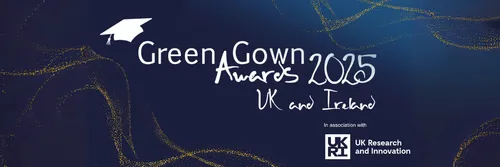 A dark blue graphic with white text reading 'Green Gown Awards 2025. UK and Ireland' in white font.