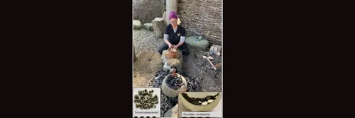 Experimental archaeology recreating tin smelting using tin ore in a crucible, surrounded by charcoal powered by a simple skin bellows plus insets of tin ore used (alluvial cassiterite excavated from a Bronze Age site in Cornwall) and a sectioned crucible showing the tin metal produced