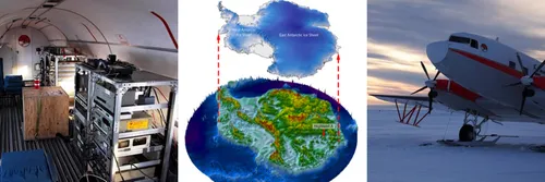 Graphic showing the Antarctic ice sheet lifted up to reveal the ancient landscape underneath