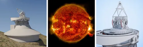 A montage image of the EST telescope on a hillside (left and right) with a close up image of a solar flare in the centre