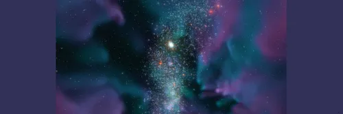 A strip of stars runs from top to bottom of the picture against a black background and shrouded by purple clouds