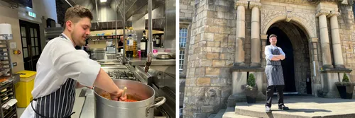 Two pictures of chef Henry Oakes, one he is stirring a pan in a kitchen and the other he is stood on the steps of Castle/University College