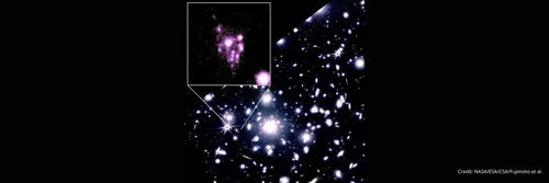 Near-infrared images taken by JWST of the galaxy cluster “RXCJ0600-2007,” which causes a powerful gravitational lensing effect. Unprecedented high-resolution observations unveiled the structure of a distant galaxy in the early universe — composed of more than 15 compact star-forming clumps arranged like a “bunch of grapes” (zoom-in panel).