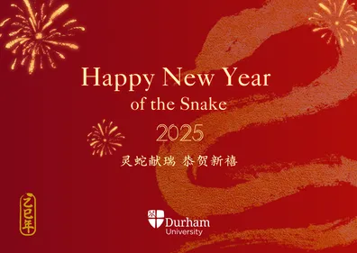Graphic of a snake on a red background with a Happy New Year message